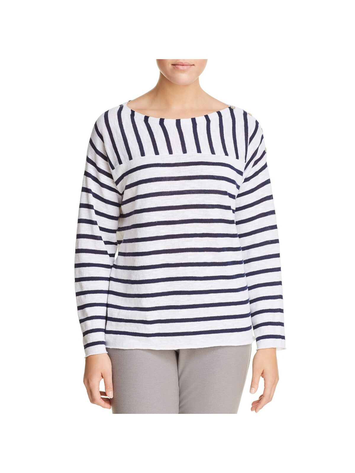 EILEEN FISHER Womens White Striped Long Sleeve Boat Neck Wear To Work Top Plus 1X