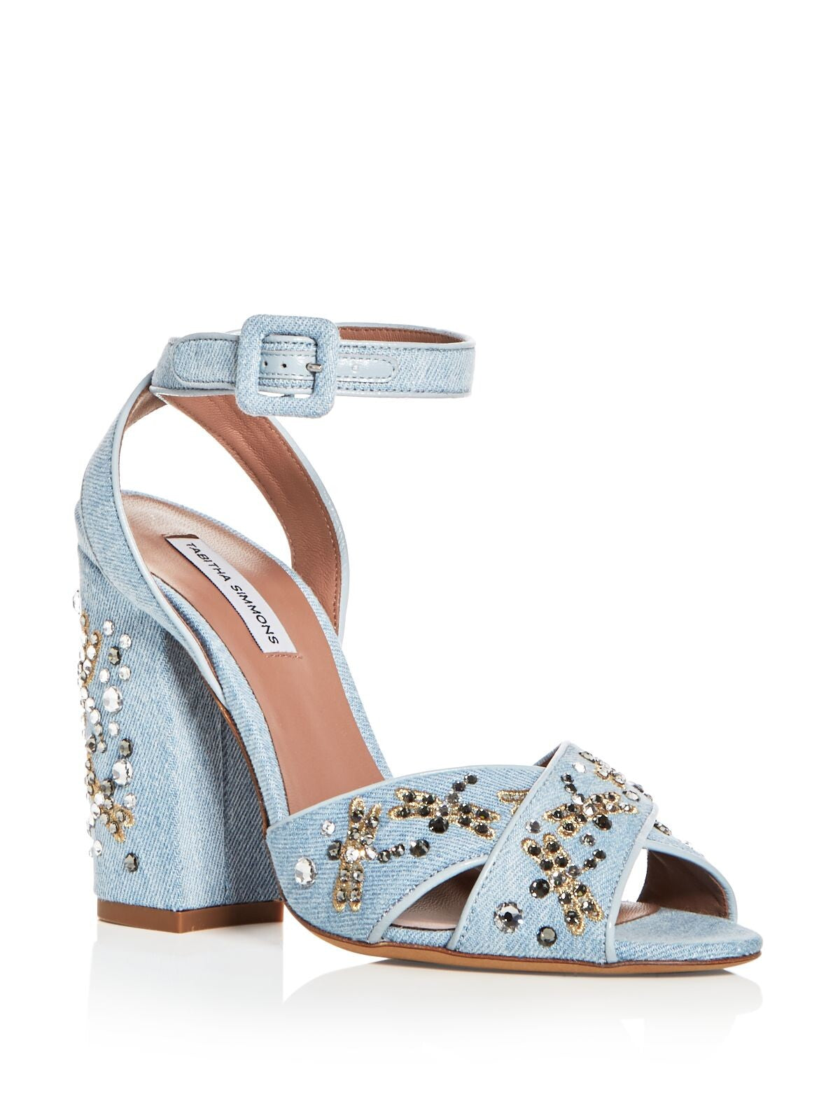 TABITHA SIMMONS Womens Light Denim Gold Blue Dragonfly Metallic Adjustable Ankle Strap Embroidered Rhinestone Connie Flyspark Open Toe Block Heel Buckle Dress Sandals Shoes 37