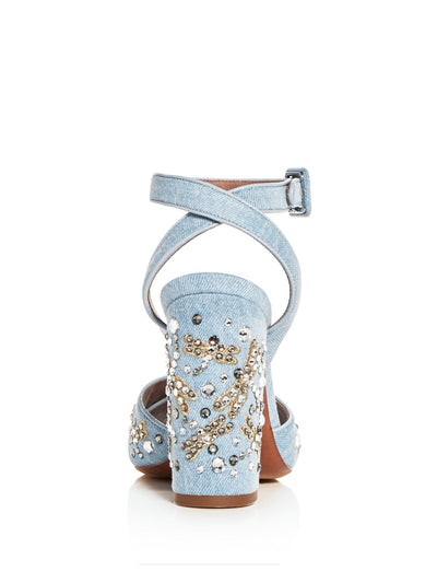 TABITHA SIMMONS Womens Light Denim Gold Blue Dragonfly Metallic Adjustable Ankle Strap Embroidered Rhinestone Connie Flyspark Open Toe Block Heel Buckle Dress Sandals Shoes 37