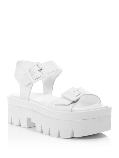 KENDALL + KYLIE Womens White Treaded Sole Ankle Strap Buckle Accent Wave Round Toe Wedge Buckle Leather Sandals Shoes 9.5 M