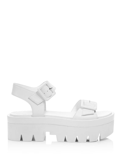 KENDALL + KYLIE Womens White Treaded Sole Ankle Strap Buckle Accent Wave Round Toe Wedge Buckle Leather Sandals Shoes 9.5 M