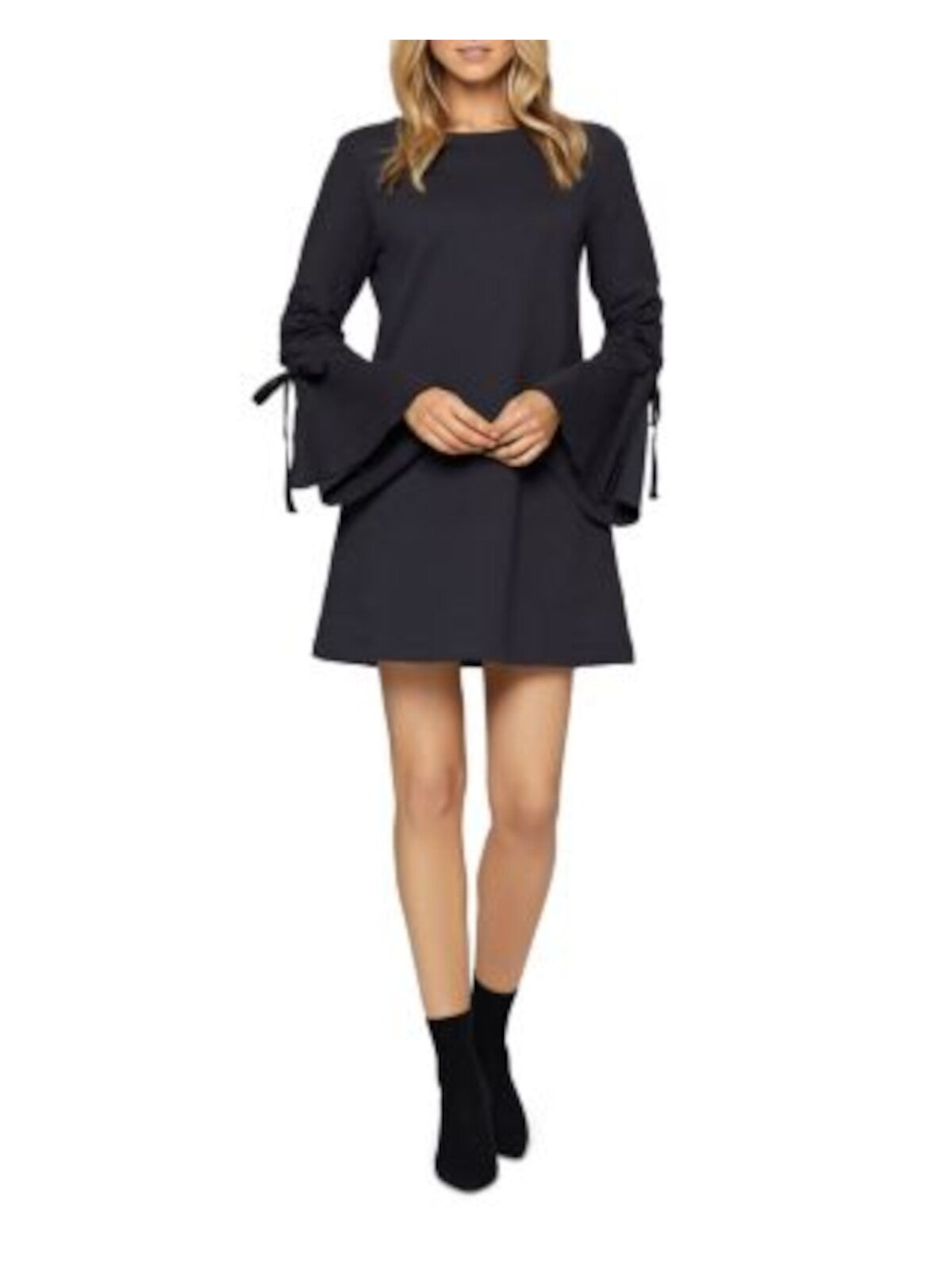 SANCTUARY Womens Navy Tie Pullover Styling Bell Sleeve Round Neck Short Party Fit + Flare Dress L