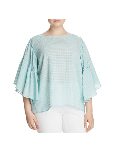 VINCE CAMUTO Womens Light Blue Ruffled Pullover Jewel Neck Top Plus 2X