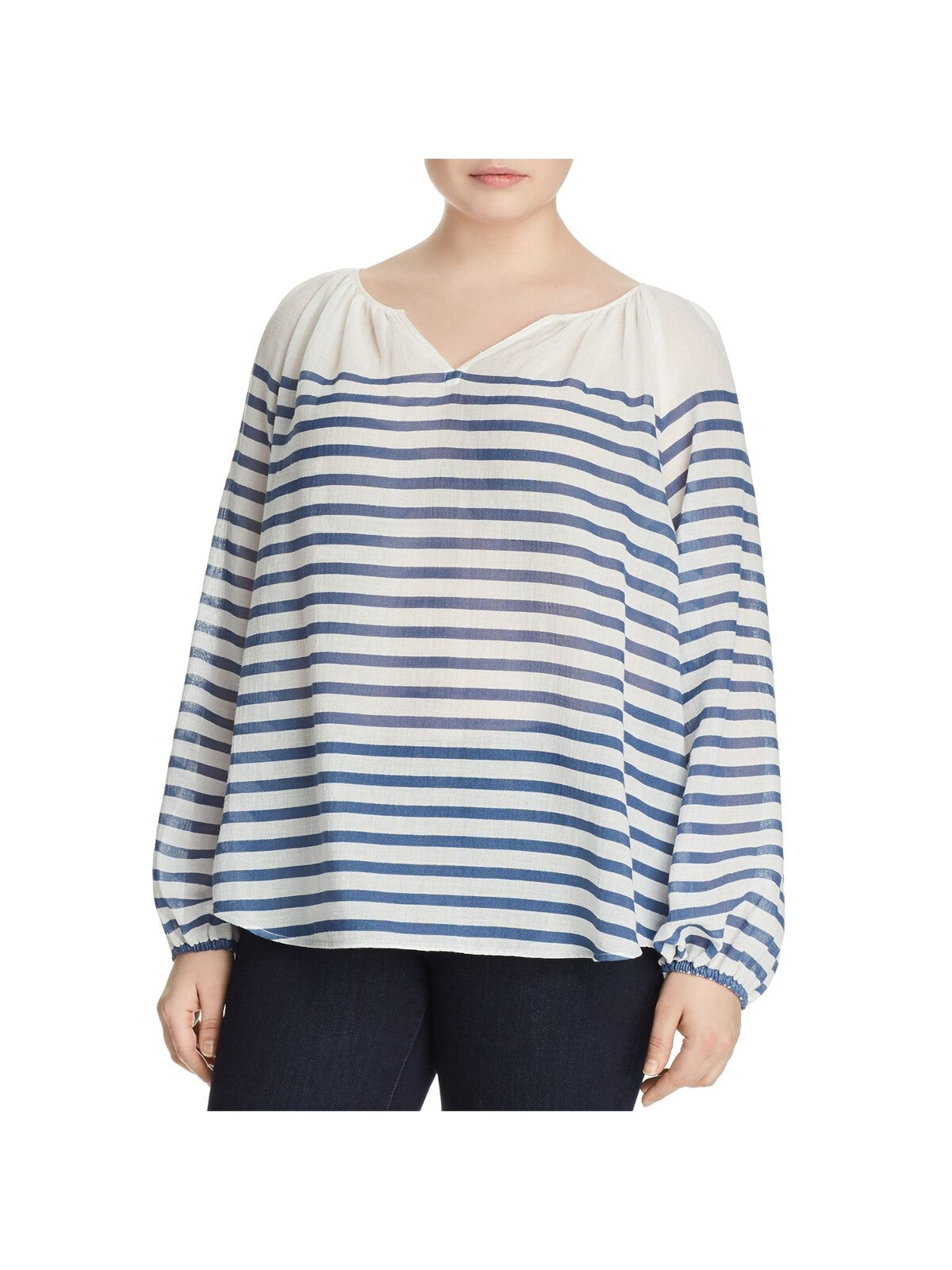 VINCE CAMUTO Womens Blue Striped Long Sleeve Split Peasant Top Plus 3X