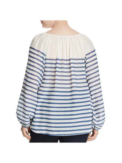 VINCE CAMUTO Womens Blue Striped Long Sleeve Split Peasant Top Plus 3X