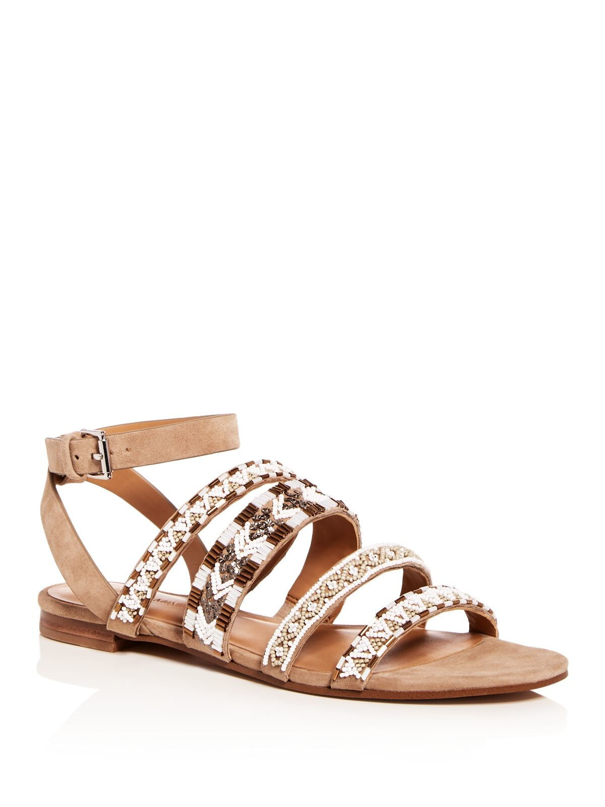 REBECCA MINKOFF Womens Beige Tribal Beaded Strappy Leila Round Toe Block Heel Buckle Leather Slingback Sandal 7.5 M