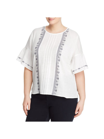 VINCE CAMUTO Womens White Pleated Printed Elbow Sleeve Round Neck Top Plus 2X