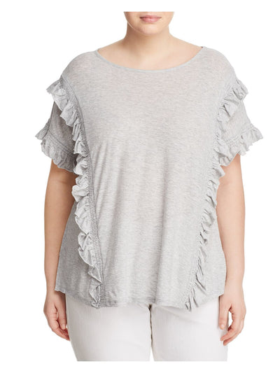 VINCE CAMUTO Womens Gray Knit Smocked Ruffled Heather Flutter Sleeve Scoop Neck Top Plus 2X