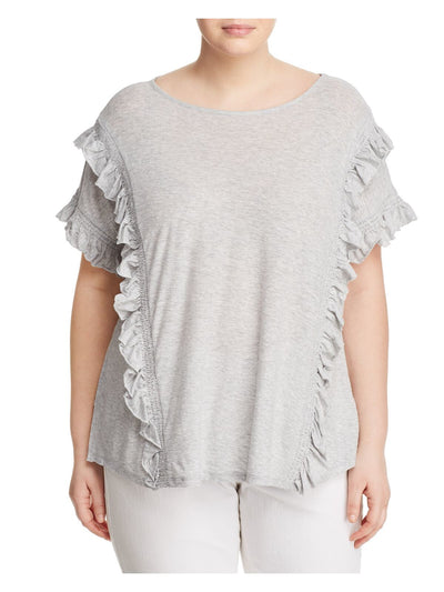 VINCE CAMUTO Womens Gray Knit Smocked Ruffled Heather Flutter Sleeve Scoop Neck Top Plus 3X