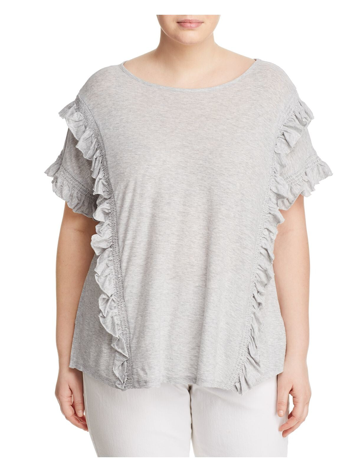 VINCE CAMUTO Womens Gray Knit Smocked Ruffled Heather Flutter Sleeve Scoop Neck Top Plus 1X
