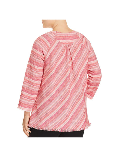 NIC+ZOE Womens Red Fringed Pleated Split Neck Striped 3/4 Sleeve Tunic Top Plus 3X