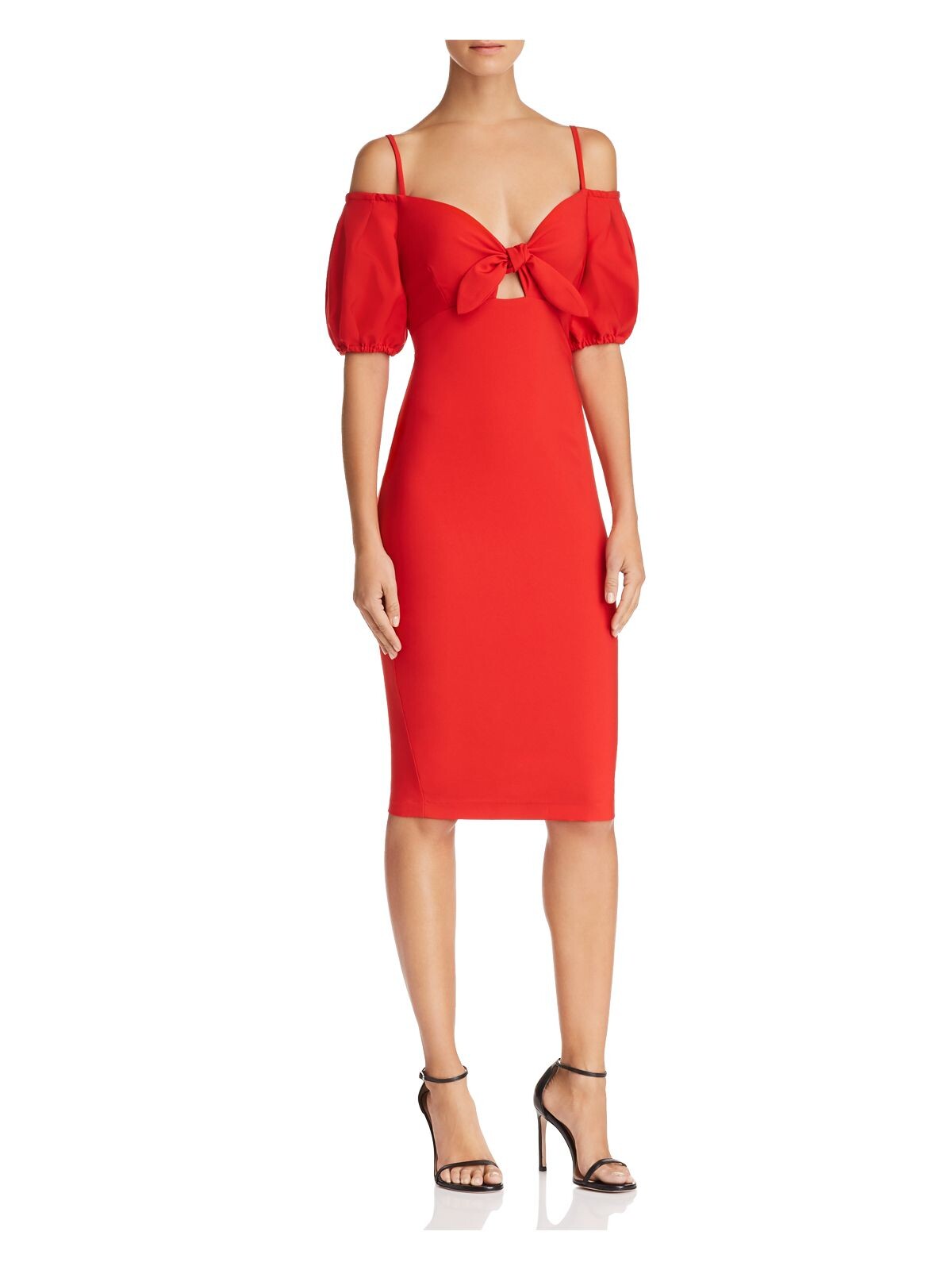 NOOKIE Womens Red Cold Shoulder  Bow Front Spaghetti Strap Off Shoulder Knee Length Cocktail Body Con Dress XS