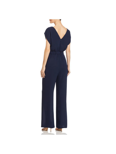 ADRIANNA PAPELL Womens Navy Stretch Belted Zippered Semi Sheer Short Sleeve V Neck Evening Jumpsuit Plus 14W