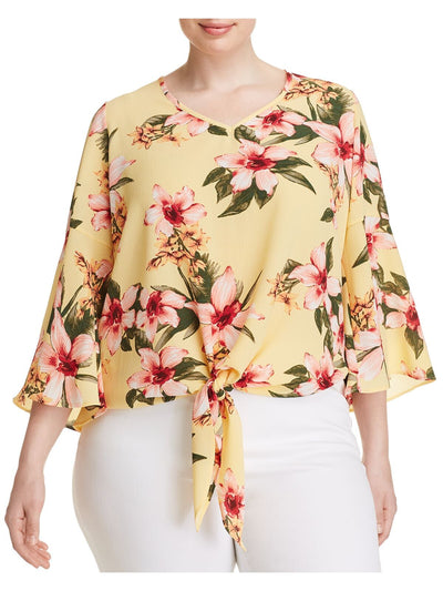 STATUS BY CHENAULT Womens Yellow Floral Bell Sleeve V Neck Evening Top Plus 1X