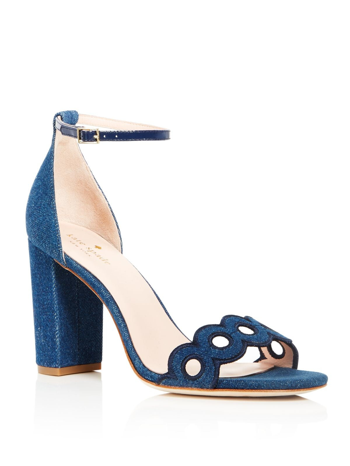 KATE SPADE NEW YORK Womens Medium Blue Denim Eyelet Strap Ankle Strap Padded Orson Round Toe Block Heel Buckle Sandals Shoes 9 M