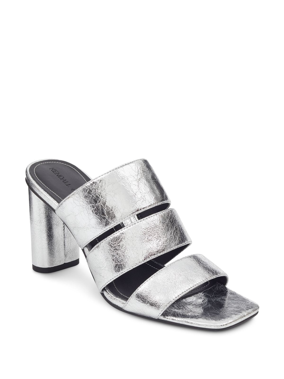 KENDALL + KYLIE Womens Silver Metallic Strappy Leila Square Toe Block Heel Slip On Leather Dress Sandals Shoes 6.5 M