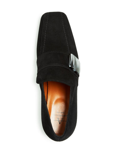AQUATALIA Womens Black Weatherproof Comfort Button Accent Loreen Square Toe Block Heel Slip On Leather Dress Heeled Loafers 7.5 M