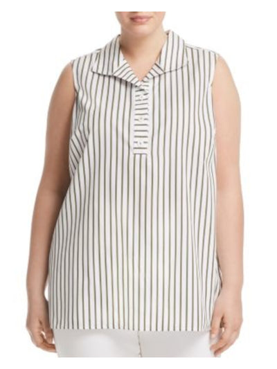 FOXCROFT Womens White Unlined Darted Button Up Back And Front Striped Sleeveless Collared Top Plus 16W