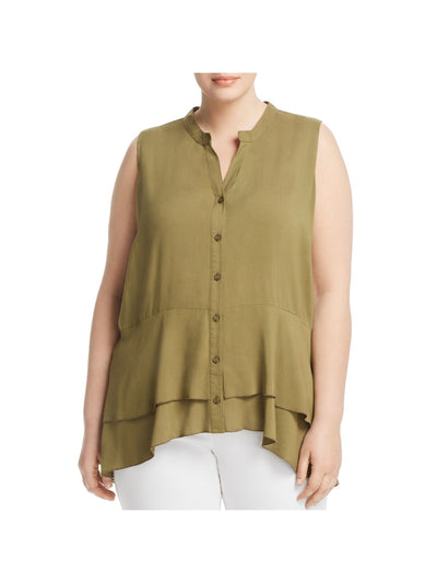 LOVE SCARLETT Womens Green Ruffled Button Down Hi-lo Hem Sleeveless Split Wear To Work Tiered Top Plus 1X