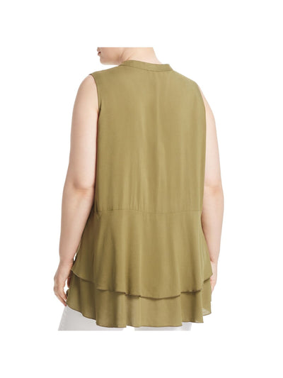 LOVE SCARLETT Womens Green Ruffled Button Down Hi-lo Hem Sleeveless Split Wear To Work Tiered Top Plus 1X