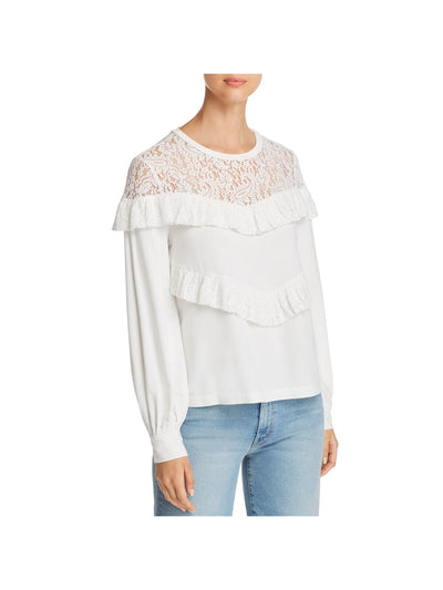 MARLED REUNITED CLOTHING Womens White Stretch Ruffled Lace-yoke Cuffed Sleeve Round Neck Sweatshirt M