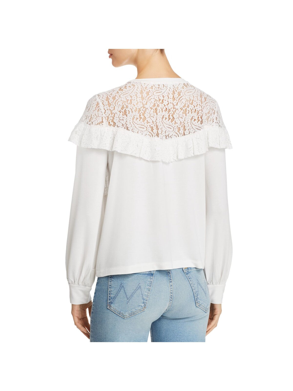 MARLED REUNITED CLOTHING Womens White Stretch Ruffled Lace-yoke Cuffed Sleeve Round Neck Sweatshirt M