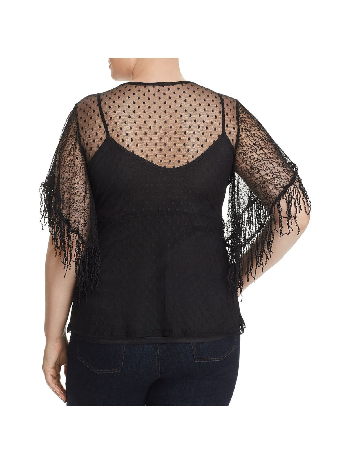 LOST INK Womens Mesh Lace Fringed Clip Dot Sheer Elbow Sleeve Crew Neck Evening Top