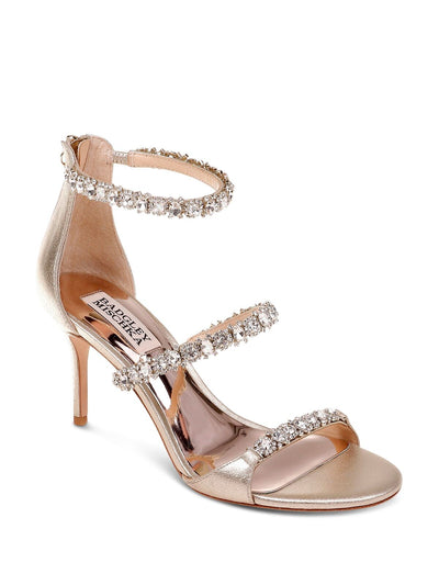 BADGLEY MISCHKA Womens Platino Gold Stretch Ankle Strap Rhinestone Metallic Yasmine Open Toe Stiletto Zip-Up Leather Dress Sandals Shoes 9