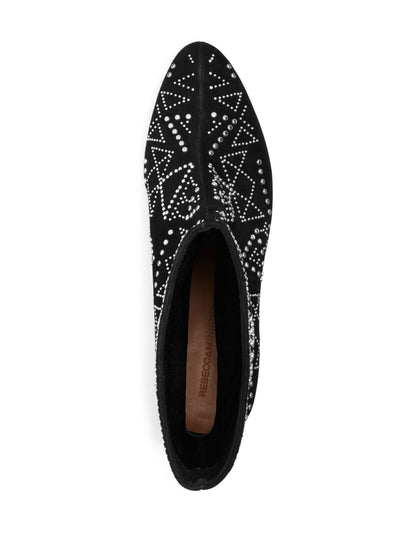 REBECCA MINKOFF Womens Black Studded Hessania Pointed Toe Stacked Heel Leather Booties