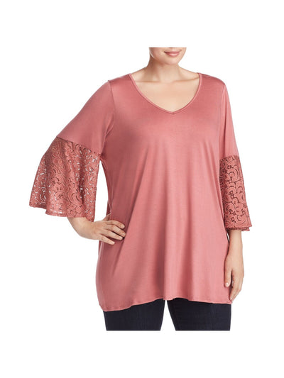 STATUS BY CHENAULT Womens Pink Stretch Lace Bell Sleeve V Neck Top Plus 2X