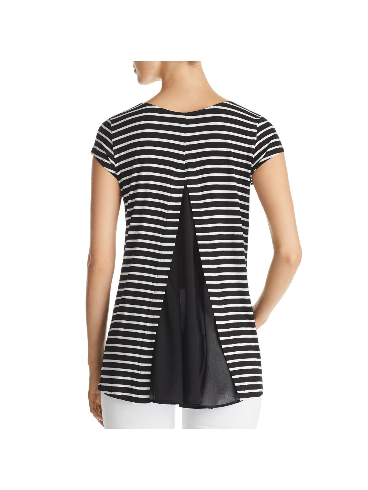 K & C Womens Black Stretch Striped Short Sleeve Jewel Neck Top L