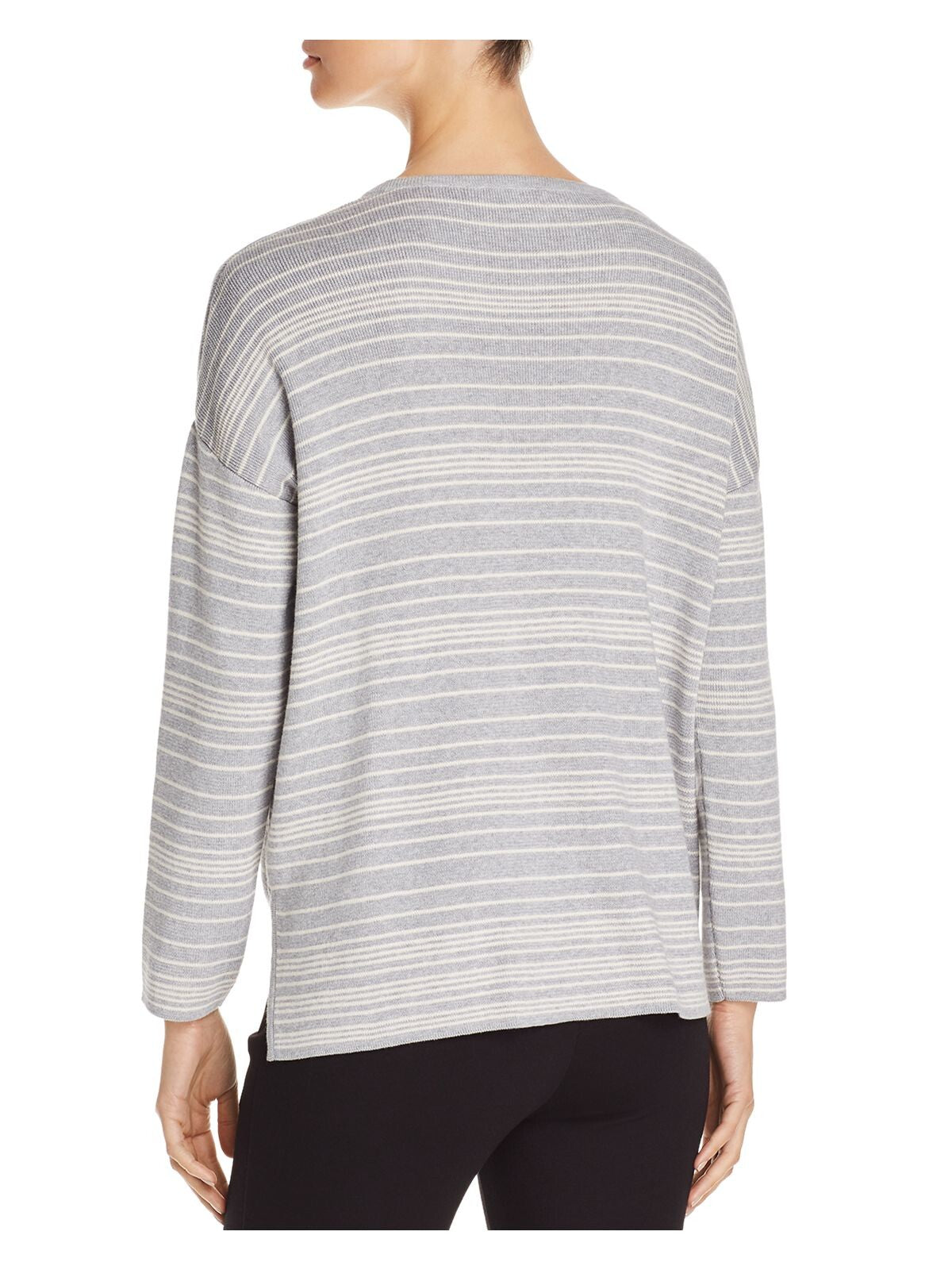 EILEEN FISHER Womens Gray Ribbed Vented Hem Striped Long Sleeve Jewel Neck Sweater Plus 1X