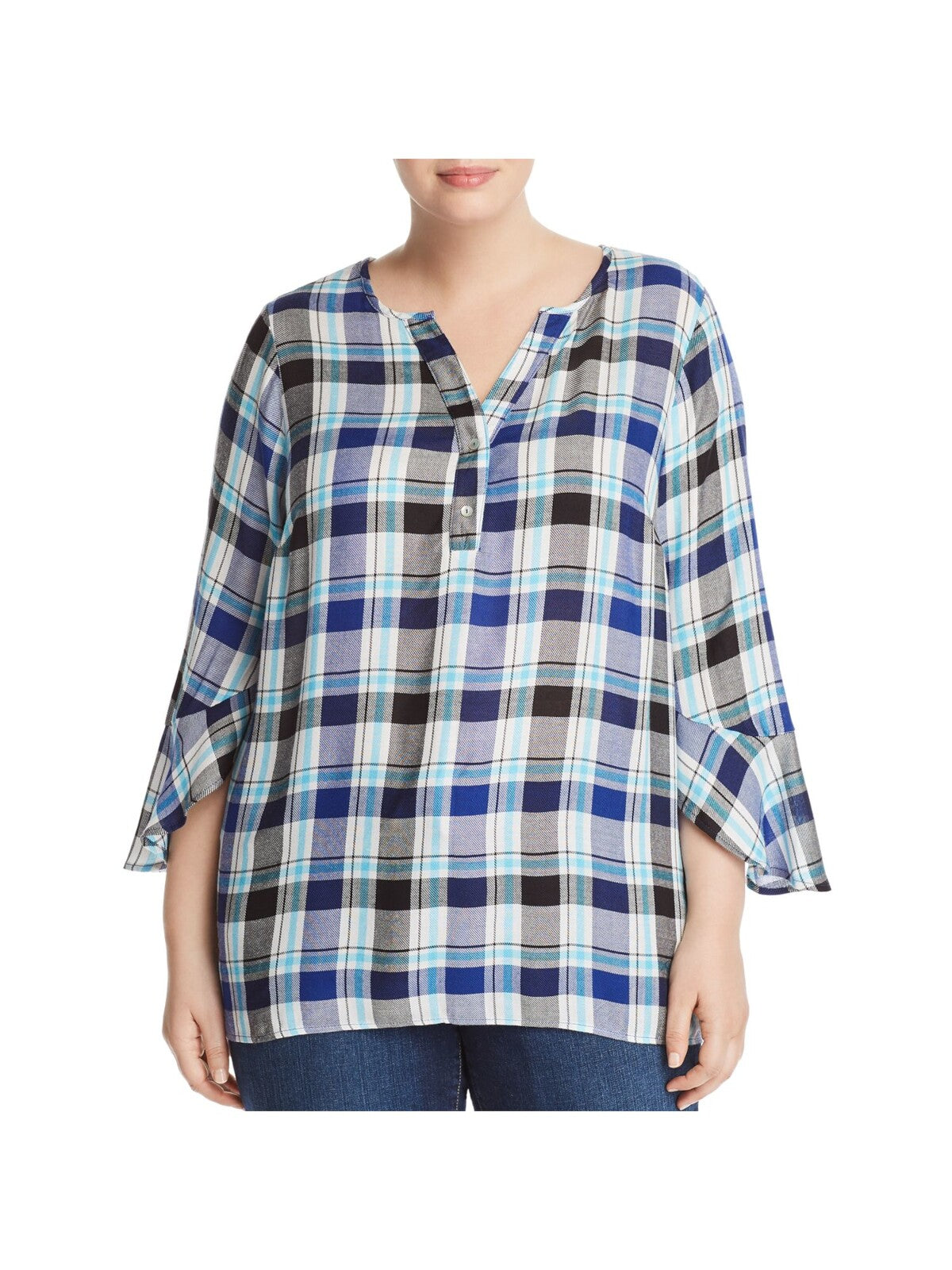 STATUS BY CHENAULT Womens Blue Ruffled Buttoned Plaid 3/4 Sleeve Split Top Plus 1X