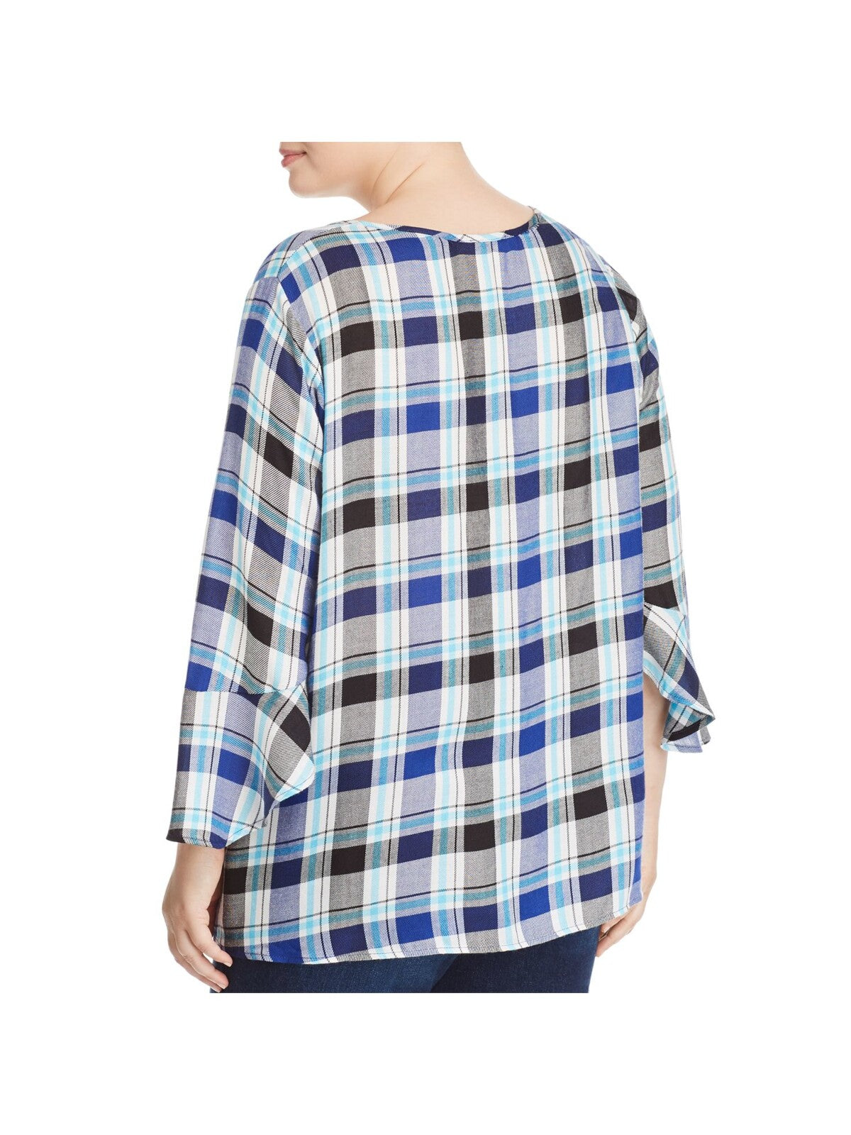 STATUS BY CHENAULT Womens Blue Ruffled Buttoned Plaid 3/4 Sleeve Split Top Plus 1X