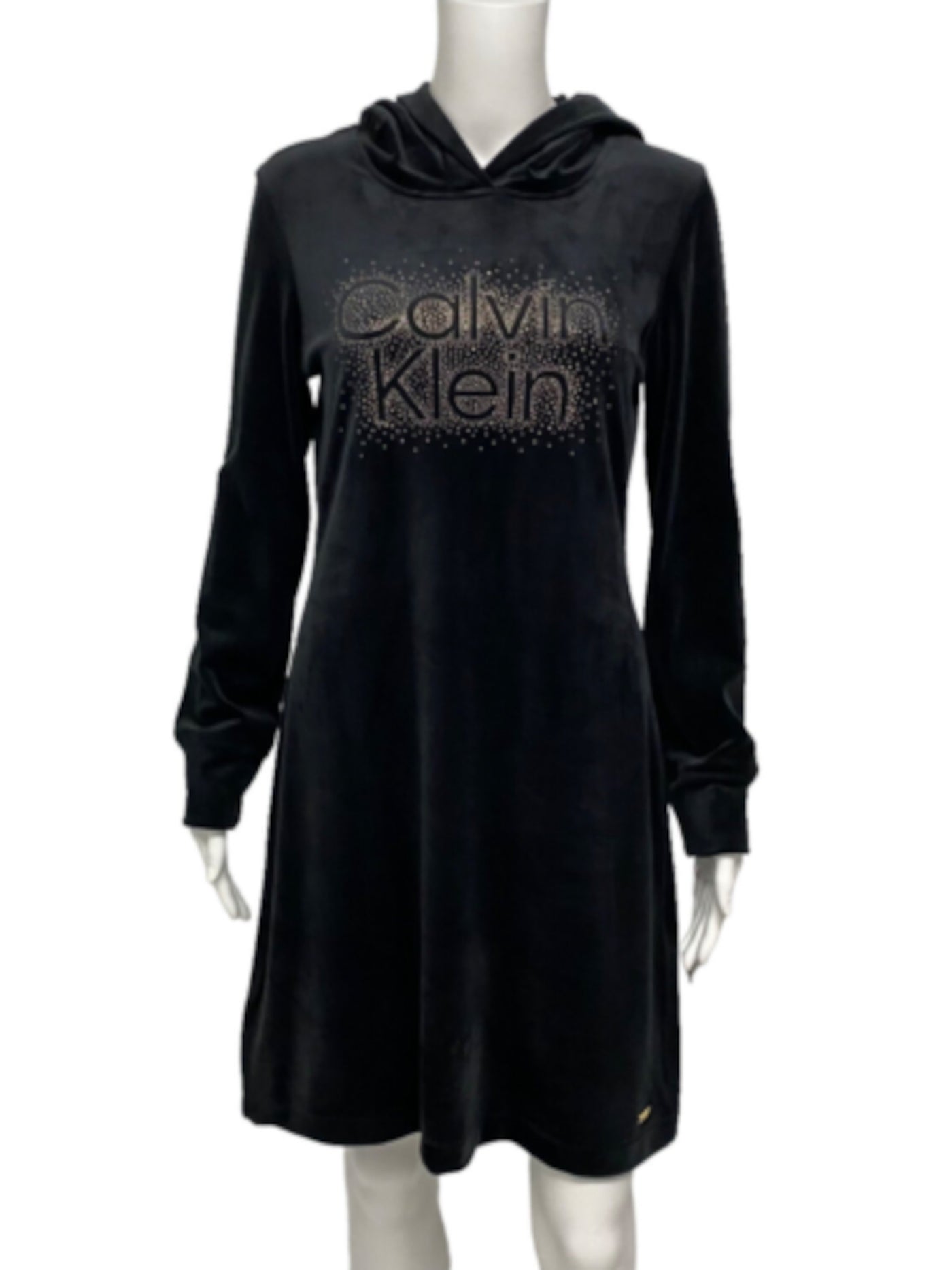 CALVIN KLEIN Womens Black Metallic Hooded Logo Graphic Long Sleeve Above The Knee Shift Dress L