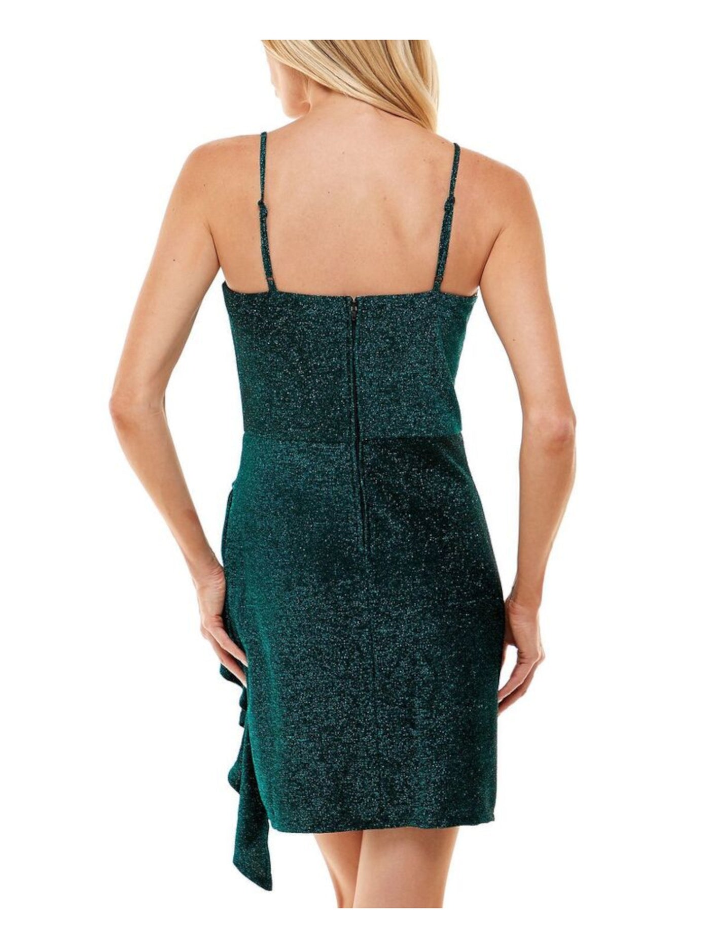 TRIXXI Womens Green Glitter Zippered Adjustable Straps Sleeveless Square Neck Above The Knee Party Faux Wrap Dress M