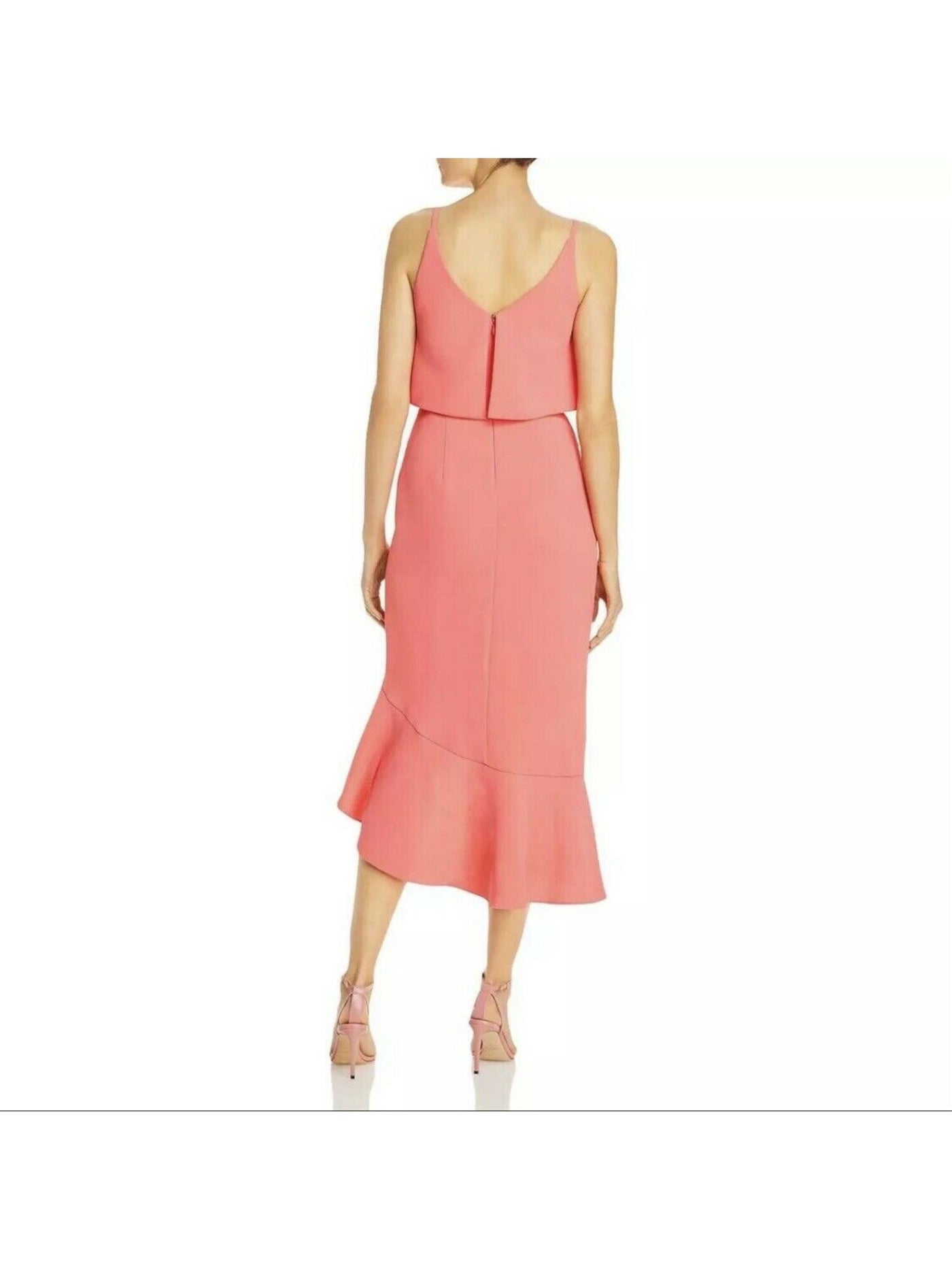 AQUA FORMAL Womens Coral Ruffled Popover Spaghetti Strap V Neck Midi Evening Hi-Lo Dress 0