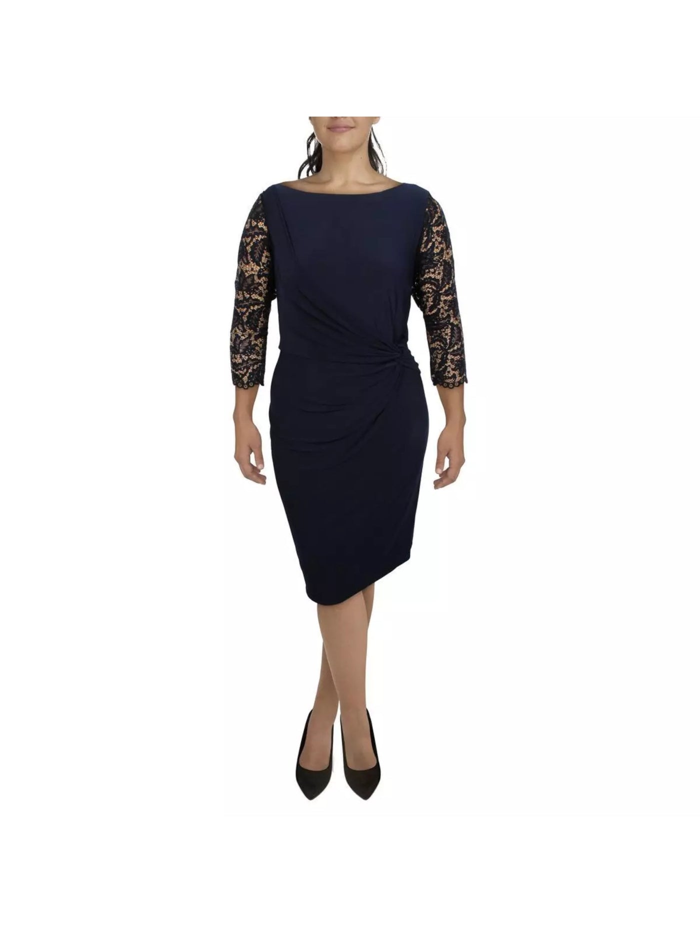 JESSICA HOWARD Womens Navy Twist Front Zippered Sequin Lace 3/4 Sleeves Lined Boat Neck Knee Length Wear To Work Sheath Dress Plus 24W