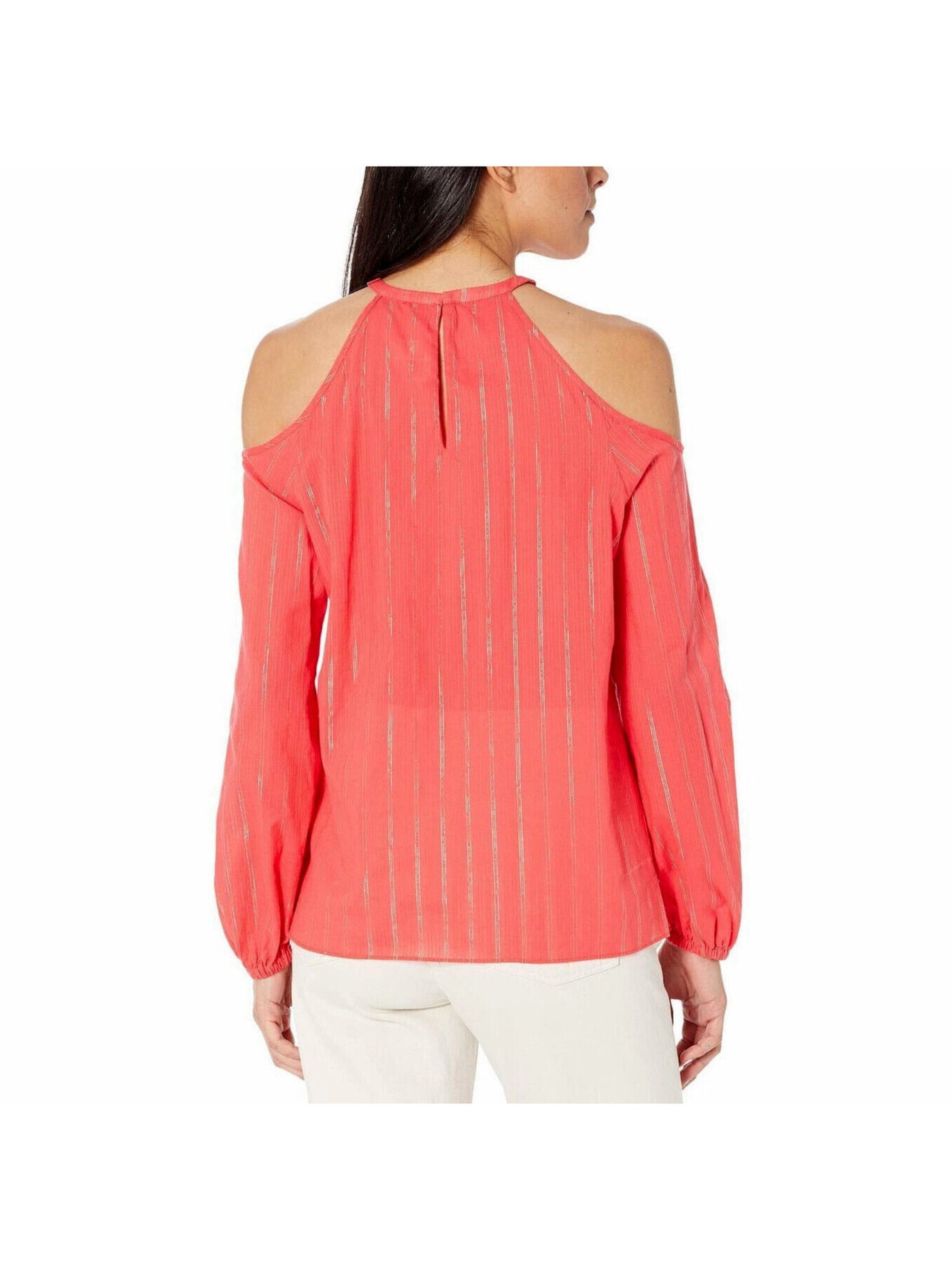 MICHAEL KORS Womens Coral Cold Shoulder Sheer Keyhole Back Long Sleeve Round Neck Top Plus 2X