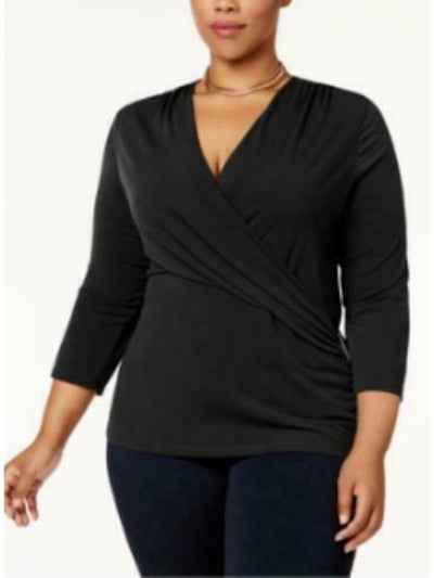 CHARTER CLUB Womens Black Long Sleeve V Neck Wrap Top Plus 3X