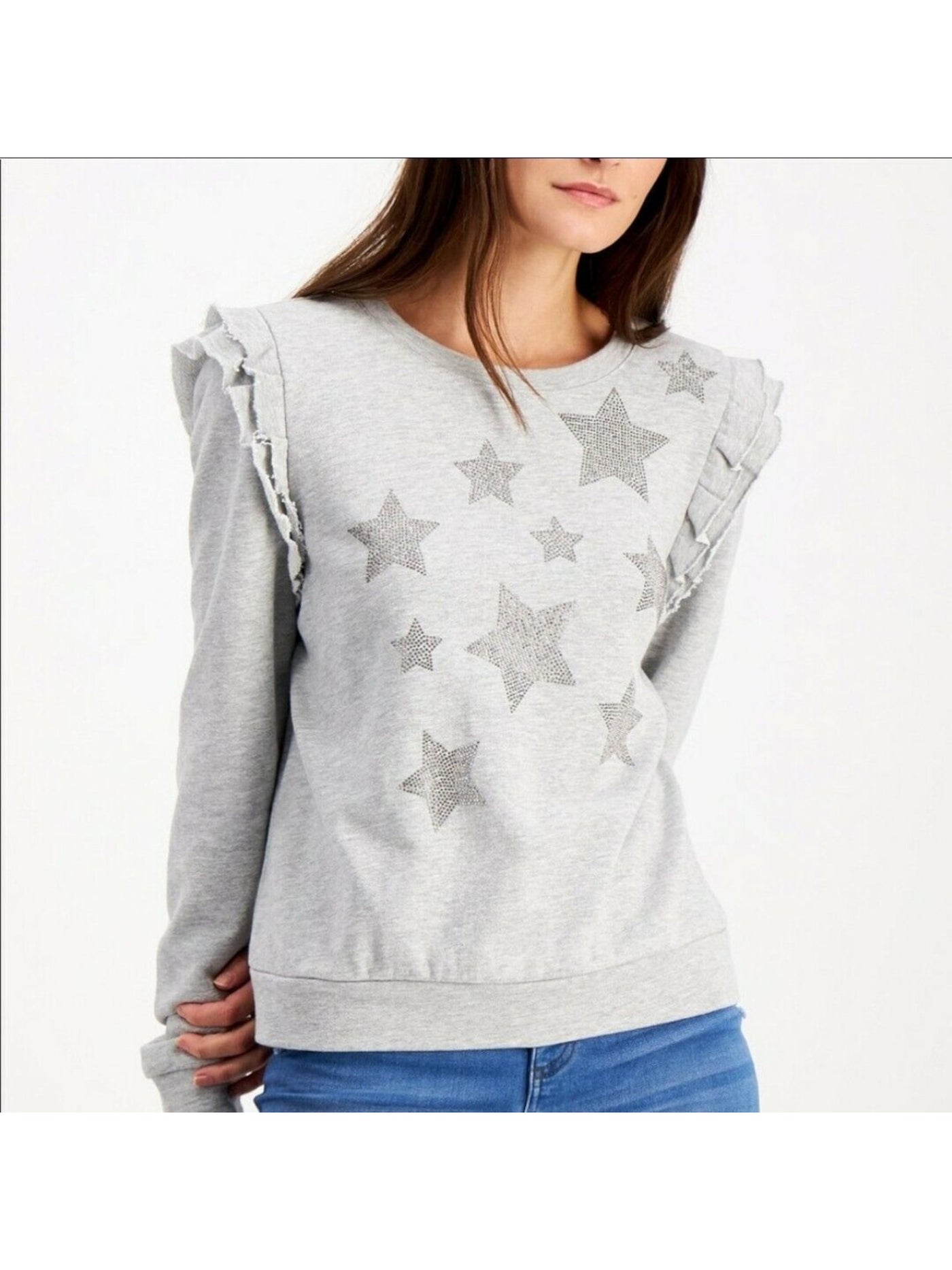 INC Womens Gray Rhinestone Sweatshirt Long Sleeve Crew Neck Top S