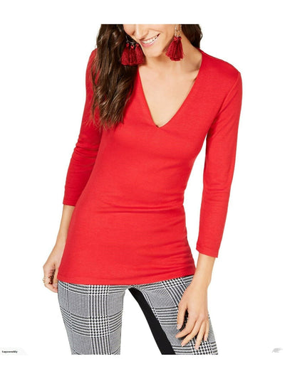 INC Womens Red 3/4 Sleeve V Neck T-Shirt Petites PXL