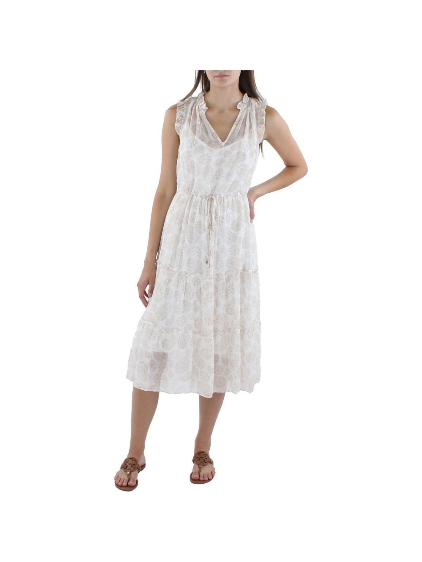TOMMY HILFIGER Womens Ivory Ruffled Sheer Drawstring Waist Tiered Lined Paisley Sleeveless V Neck Below The Knee Wear To Work Fit + Flare Dress 16