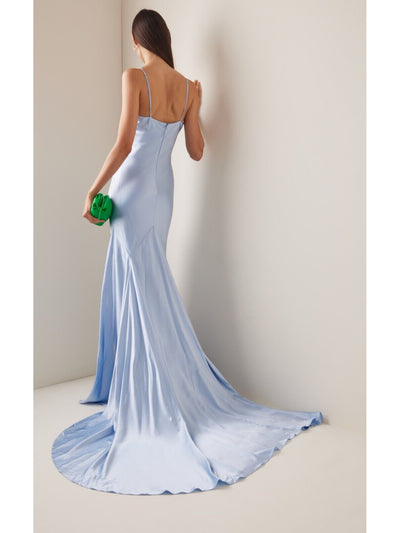 SERGIO HUDSON Womens Light Blue Zippered Adjustable Train Lined Spaghetti Strap V Neck Full-Length Formal Gown Dress 6