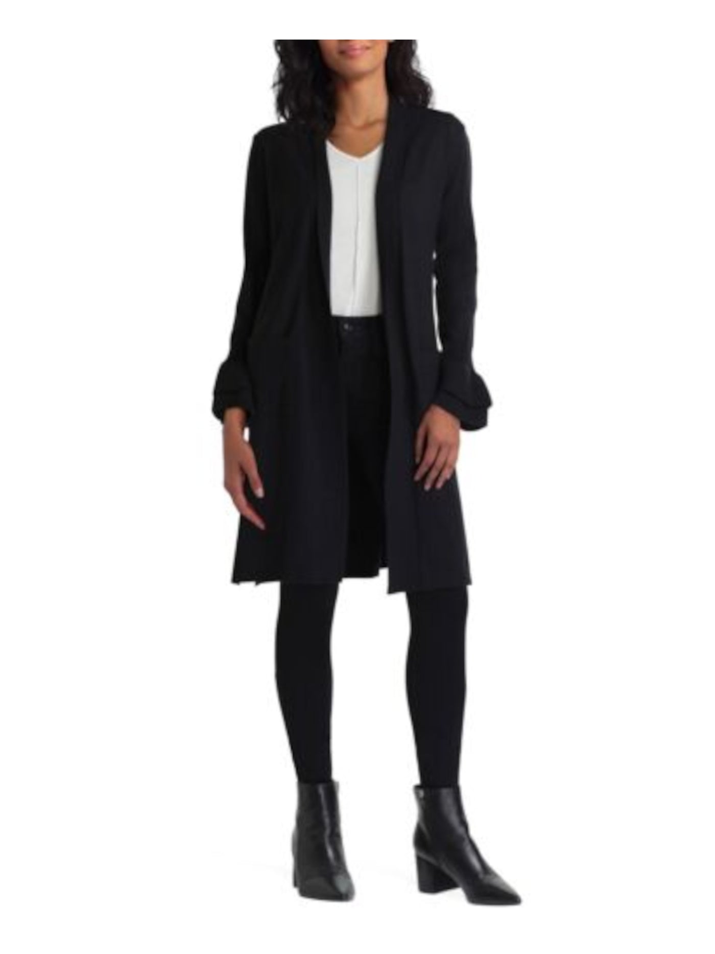 ISAAC MIZRAHI Womens Black Pocketed Ribbed Tiered Cuff Vented Sides Long Sleeve Open Front Duster Cardigan S