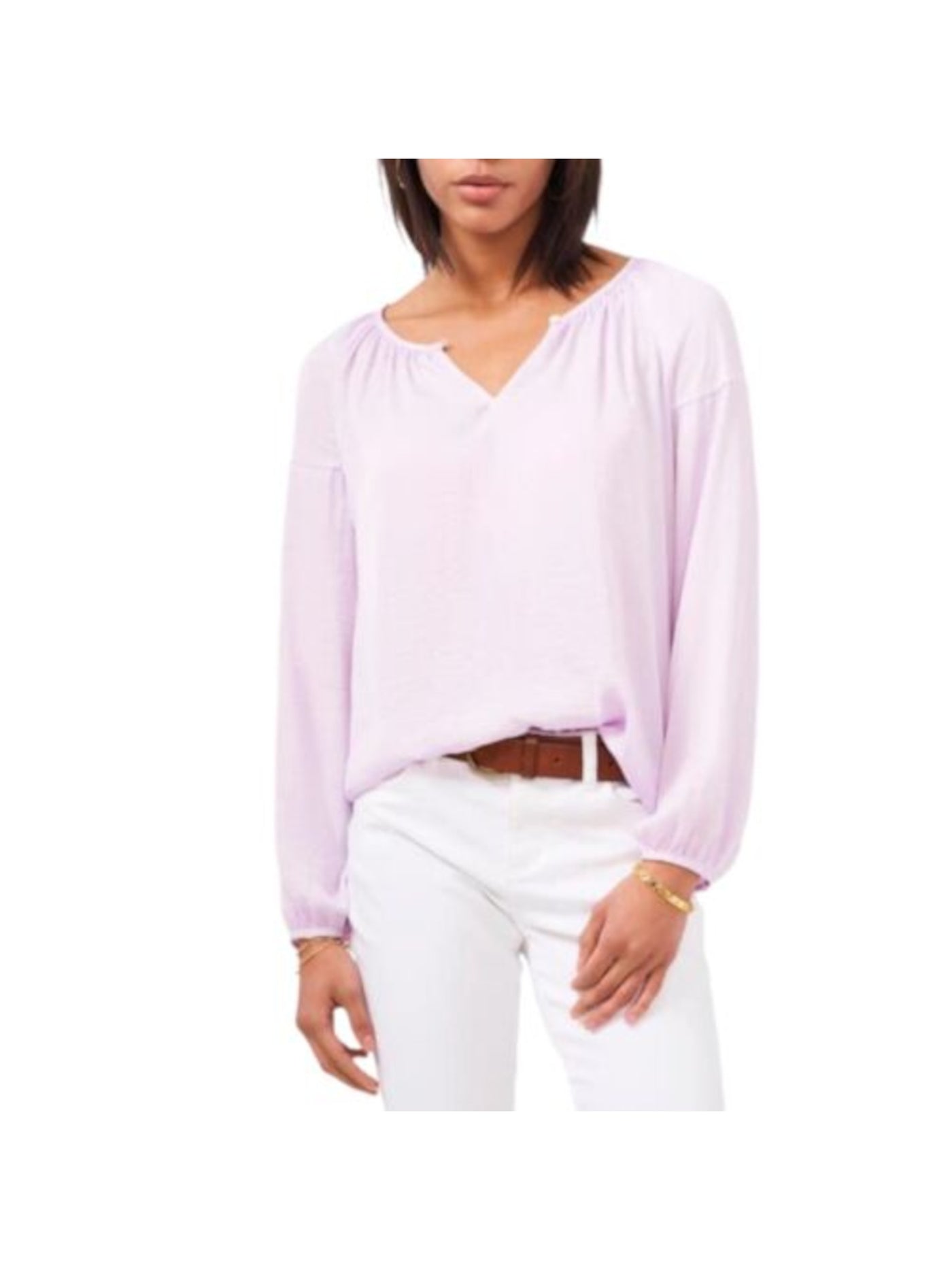 VINCE CAMUTO Womens Pink Gathered Curved Hem Drop Shoulders Long Sleeve Keyhole Peasant Top S
