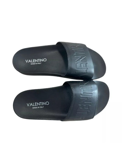 VALENTINO Mens Black Embossed Logo Comfort Cushioned Giano Round Toe Slip On Leather Slide Sandals Shoes 8