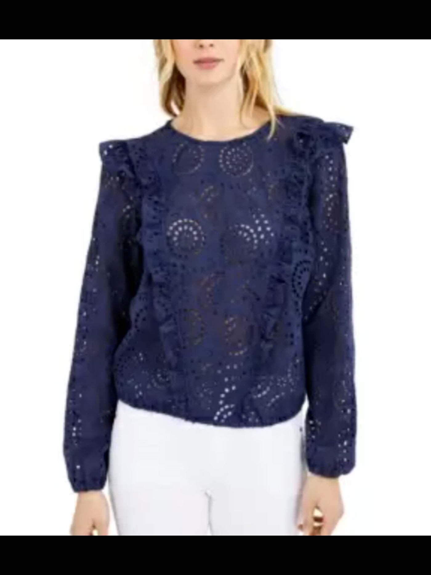 INC Womens Navy Lace Patterned Long Sleeve Crew Neck Blouse M