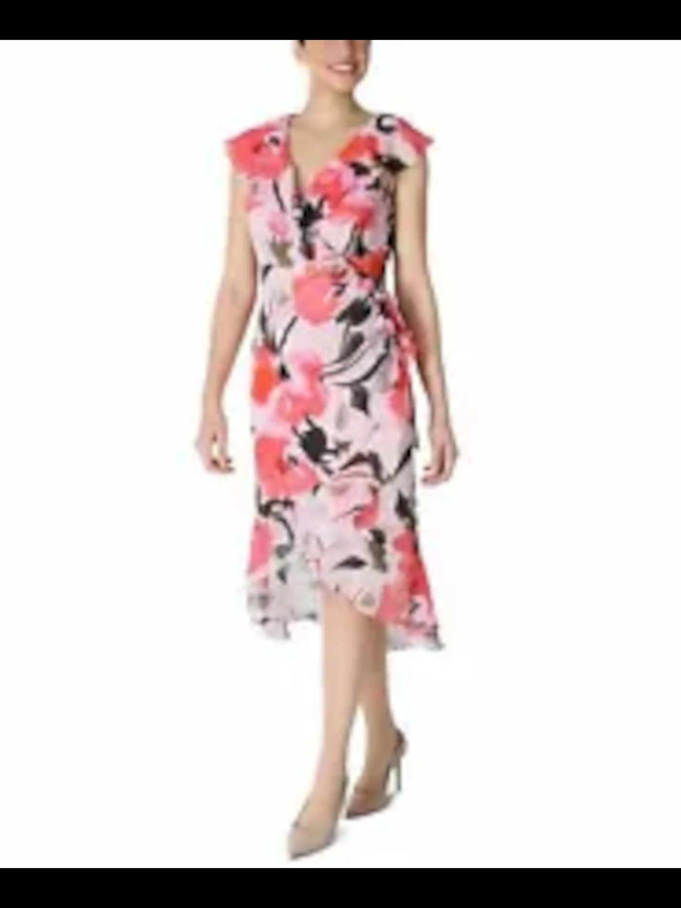 JULIA JORDAN Womens Pink Sheer Ruffled Asymmetrical-hem Floral Cap Sleeve V Neck Tea-Length Evening Sheath Dress 8