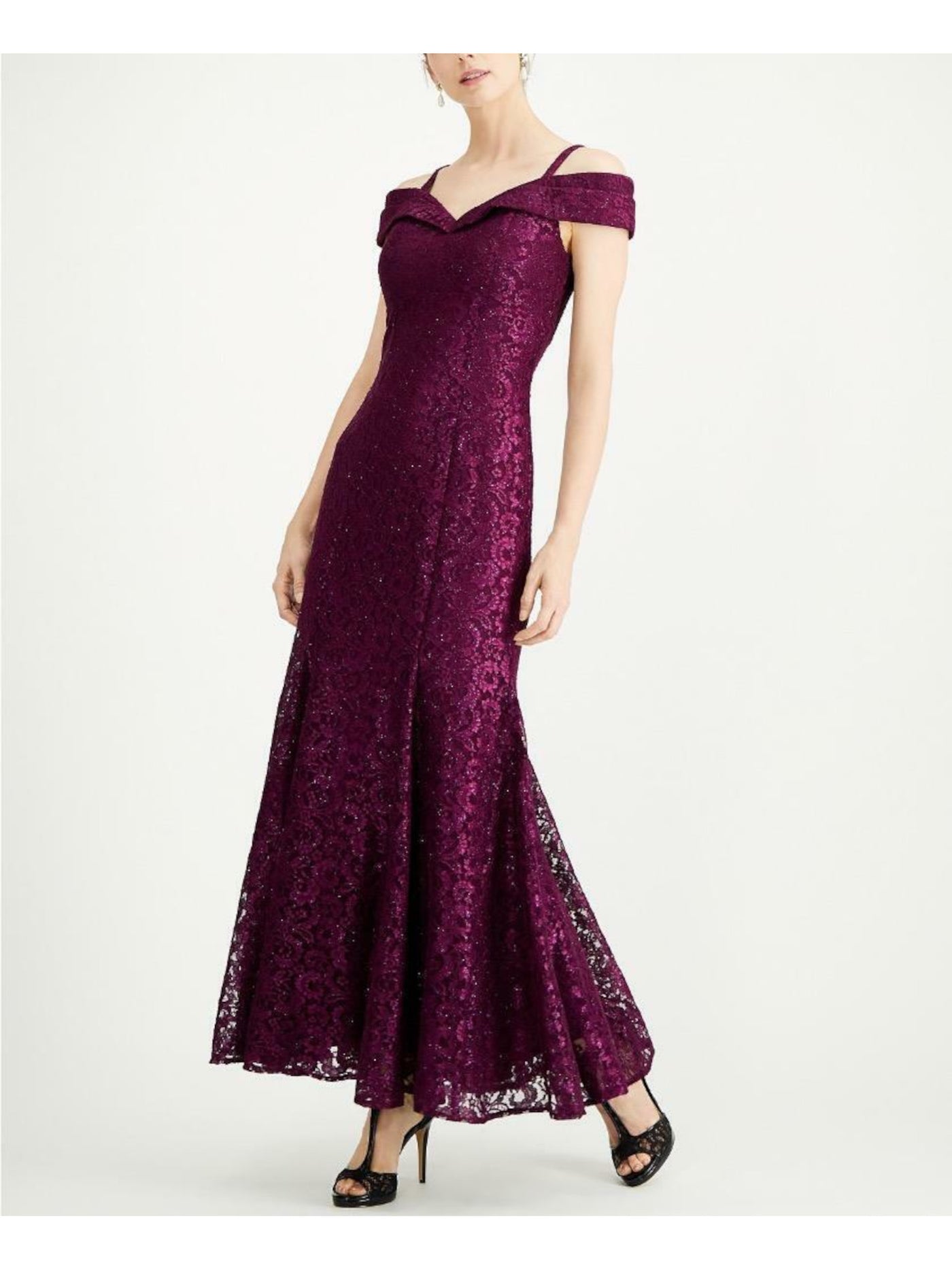 R&M RICHARDS Womens Burgundy Lace Glitter Sleeveless Off Shoulder Maxi Formal Mermaid Dress 12